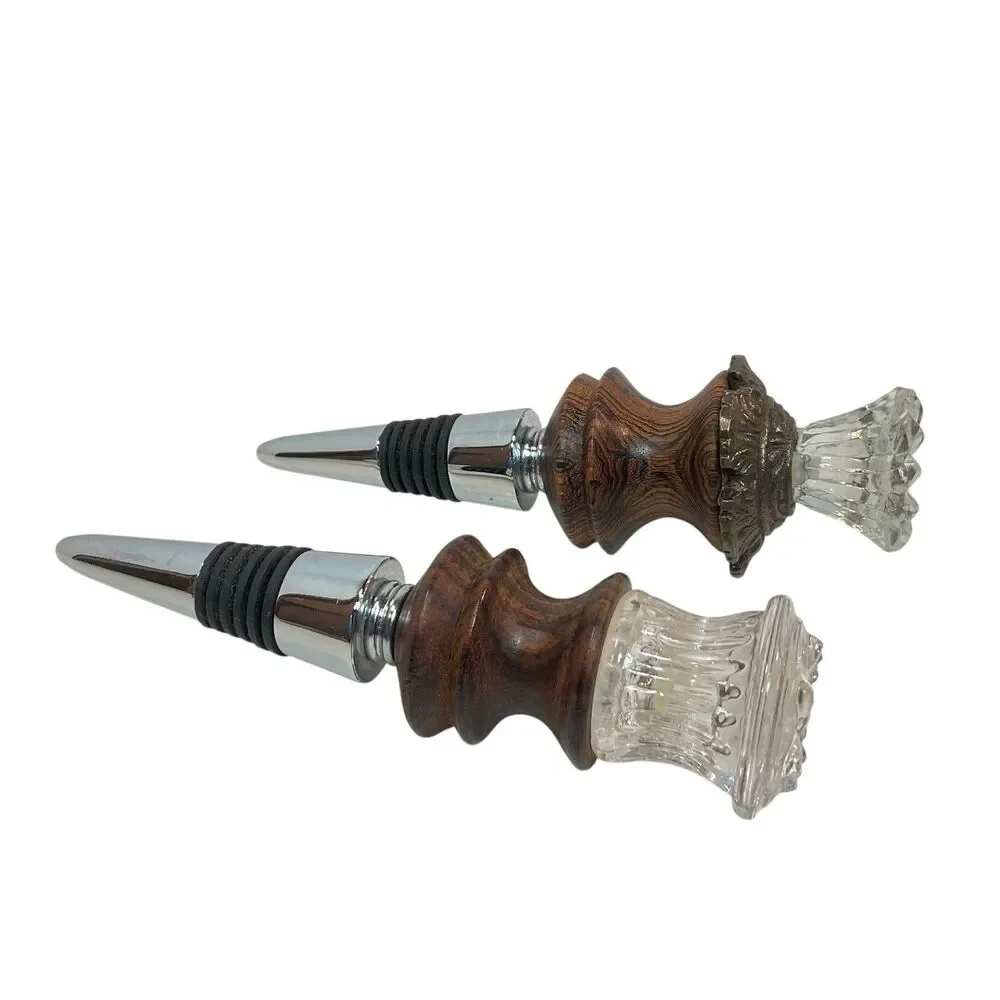 Two Wine Bottle Stoppers Handcrafted Made in USA Wood Glass Lathe